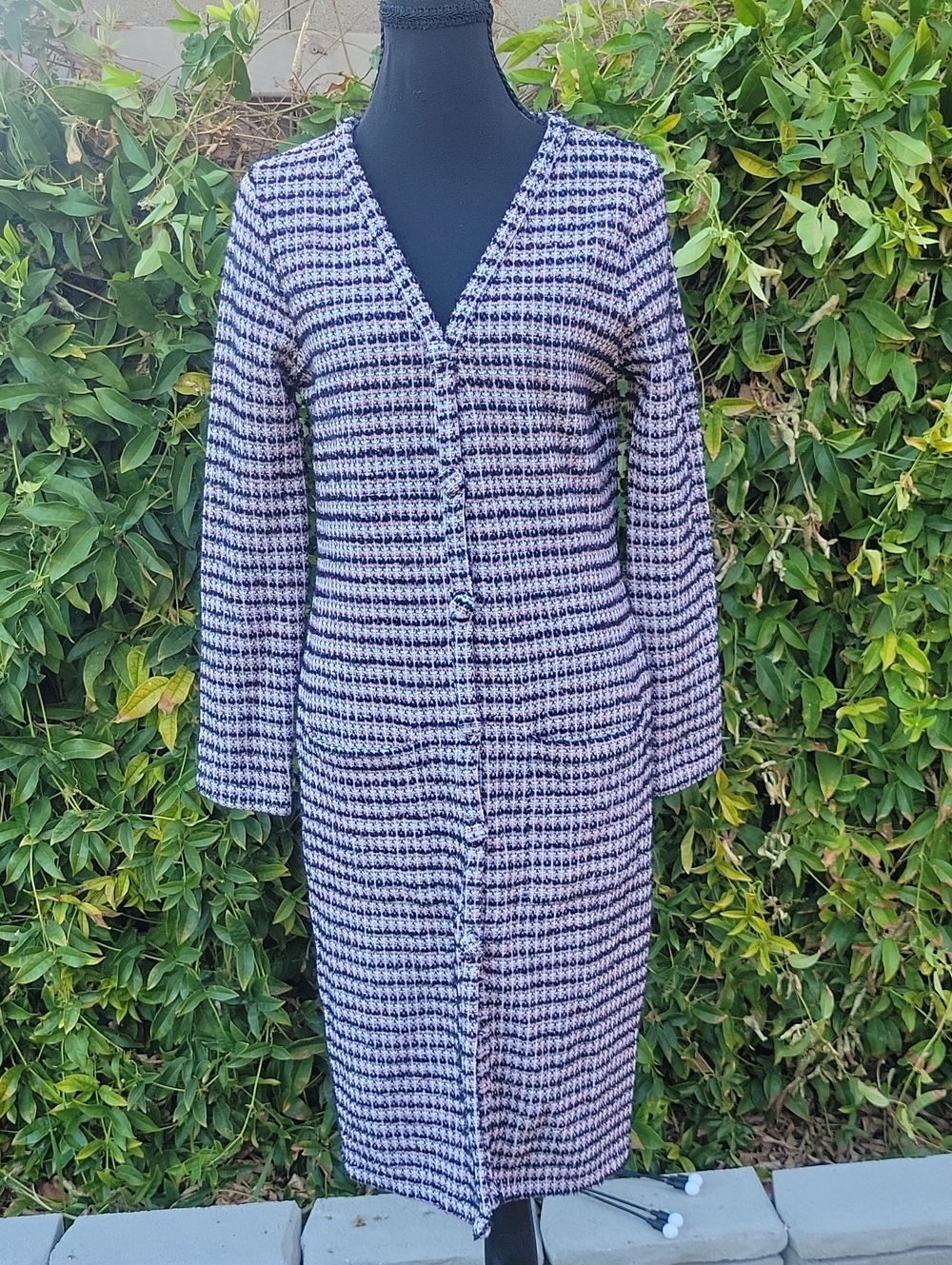 Zara Textured Midi Dress/  Long Cardigan in Black Pink and White Houndstooth